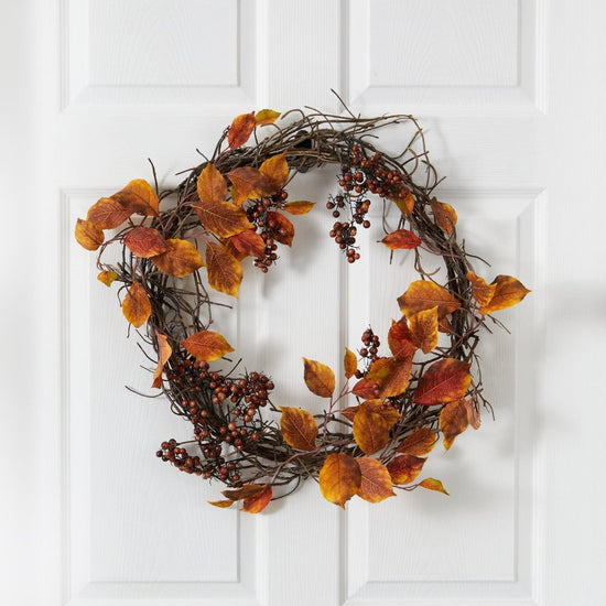 Nearly Natural 19” Harvest Leaf, Berries and Twig Artificial Wreath - lily & onyx