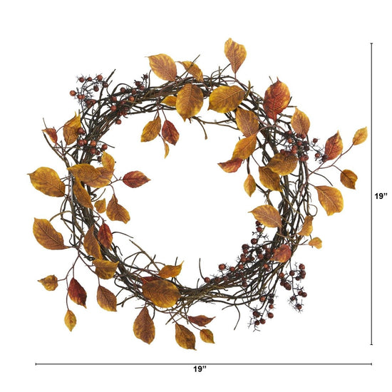 Nearly Natural 19” Harvest Leaf, Berries and Twig Artificial Wreath - lily & onyx