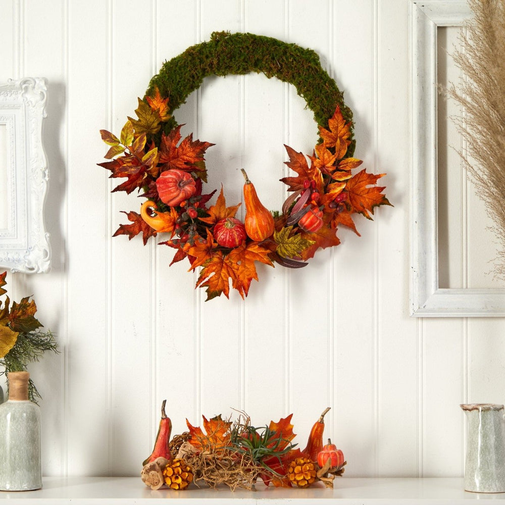 
                      
                        Nearly Natural 20” Autumn Pumpkin, Gourd and Fall Maple Leaf Artificial Wreath - lily & onyx
                      
                    