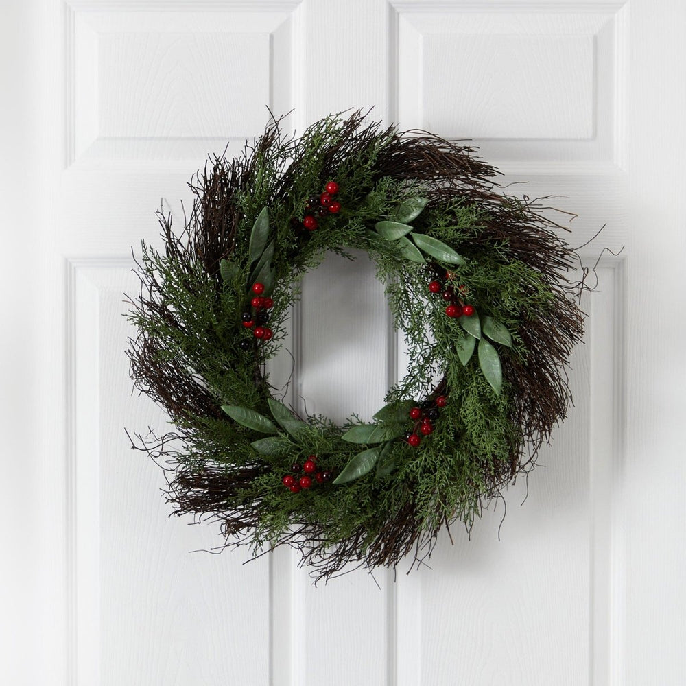 Nearly Natural 20” Cedar and Ruscus with Berries Artificial Wreath - lily & onyx