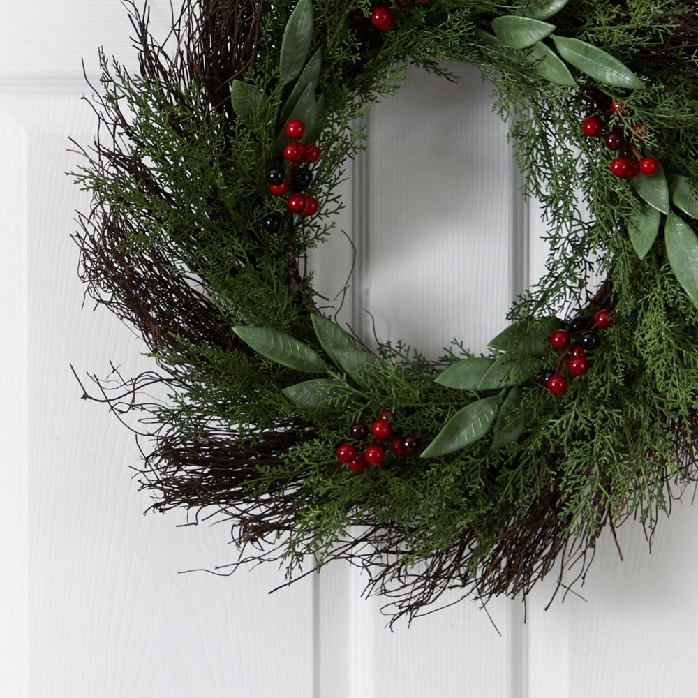 Nearly Natural 20” Cedar and Ruscus with Berries Artificial Wreath - lily & onyx