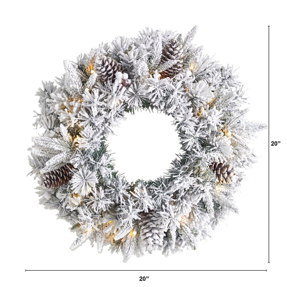 
                      
                        Nearly Natural 20” Flocked Artificial Christmas Wreath with 35 Warm White LED Lights - lily & onyx
                      
                    