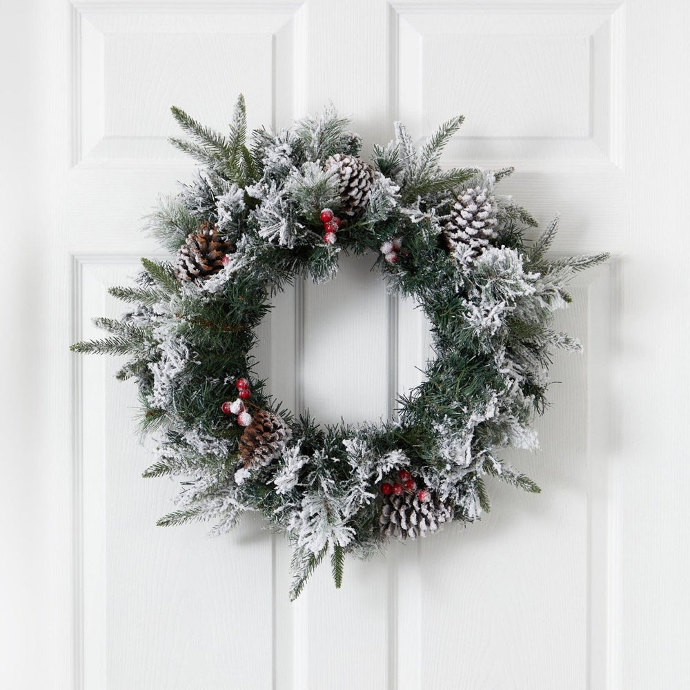 
                      
                        Nearly Natural 20” Flocked Artificial Christmas Wreath with 35 Warm White LED Lights - lily & onyx
                      
                    