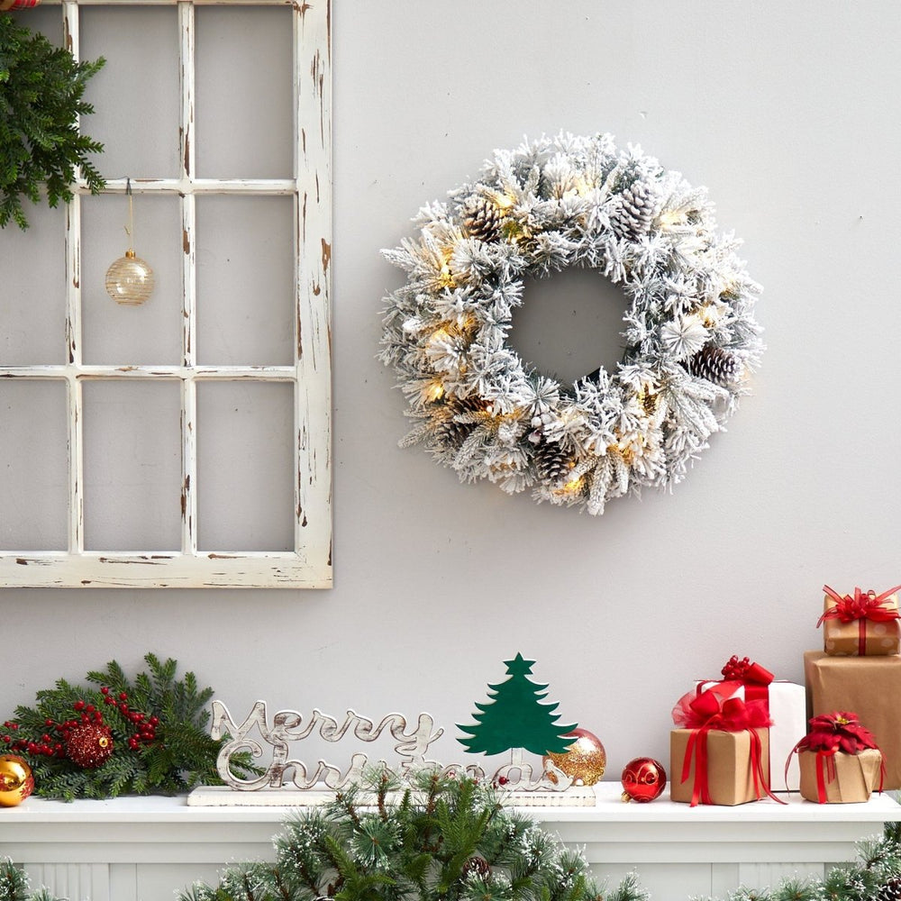 
                      
                        Nearly Natural 20” Flocked Artificial Christmas Wreath with 35 Warm White LED Lights - lily & onyx
                      
                    