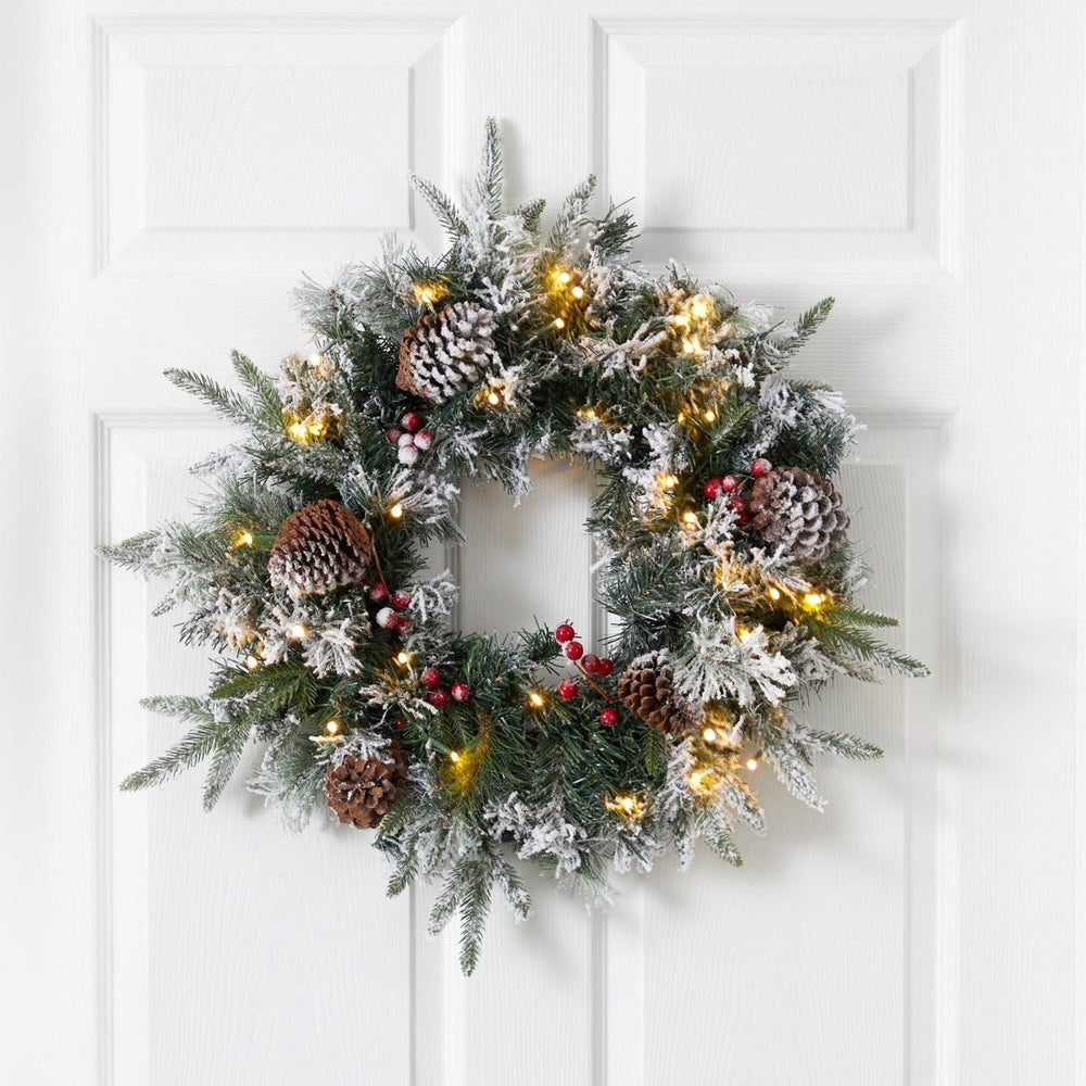 Nearly Natural 20” Flocked Artificial Christmas Wreath with 35 Warm White LED Lights - lily & onyx