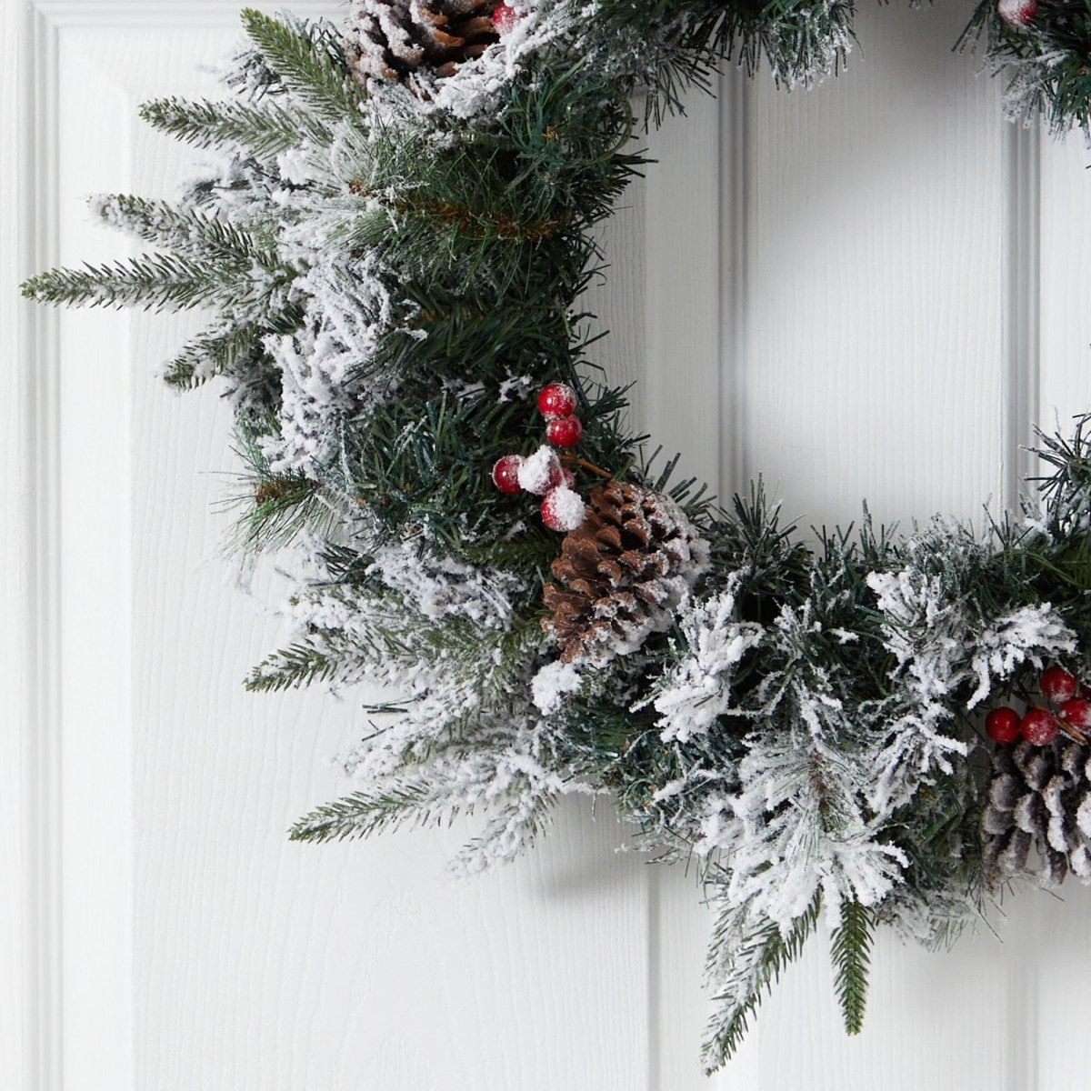 Nearly Natural 20” Flocked Artificial Christmas Wreath with 35 Warm White LED Lights - lily & onyx