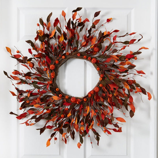 Nearly Natural 20” Harvest Leaf and Mini Pumpkin Artificial Wreath - lily & onyx