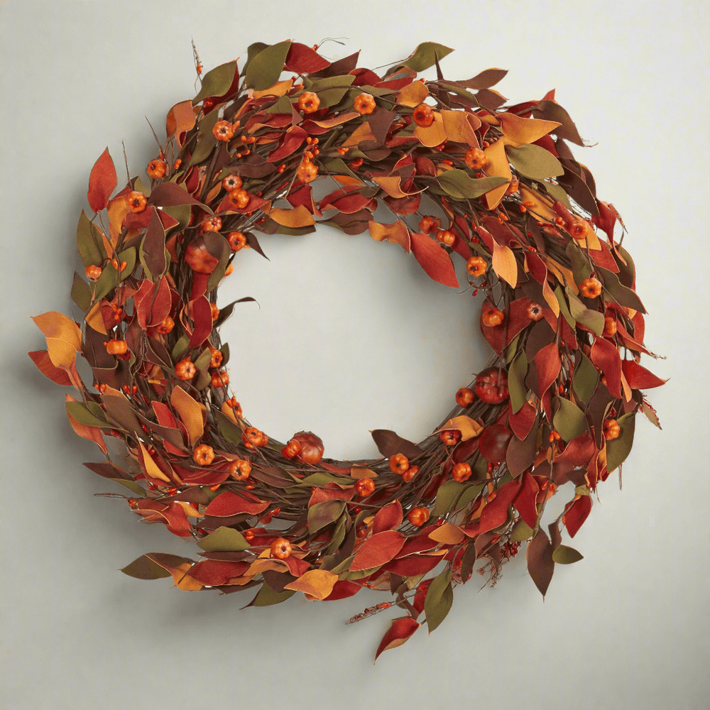 Nearly Natural 20” Harvest Leaf and Mini Pumpkin Artificial Wreath