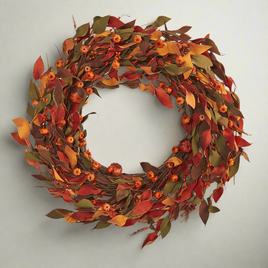 Nearly Natural 20” Harvest Leaf and Mini Pumpkin Artificial Wreath