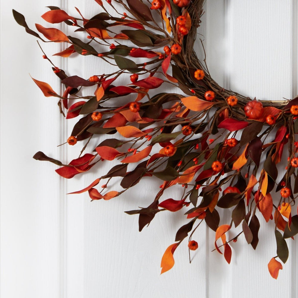 
                      
                        Nearly Natural 20” Harvest Leaf and Mini Pumpkin Artificial Wreath - lily & onyx
                      
                    