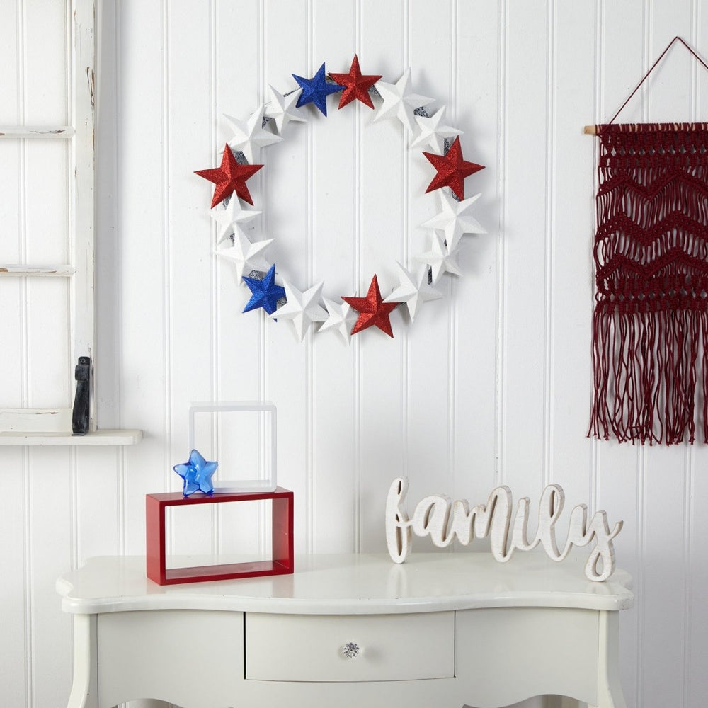 
                      
                        Nearly Natural 21” Americana Wreath with Stars Red White and Blue - lily & onyx
                      
                    