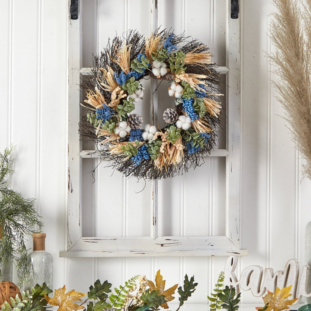 
                      
                        Nearly Natural 22” Autumn Cotton, Eucalyptus, Berries and Pinecones Artificial Fall Wreath - lily & onyx
                      
                    