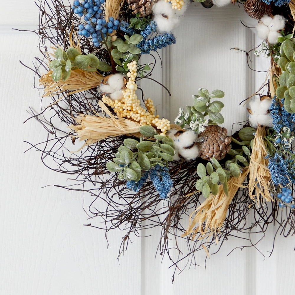 
                      
                        Nearly Natural 22” Autumn Cotton, Eucalyptus, Berries and Pinecones Artificial Fall Wreath - lily & onyx
                      
                    