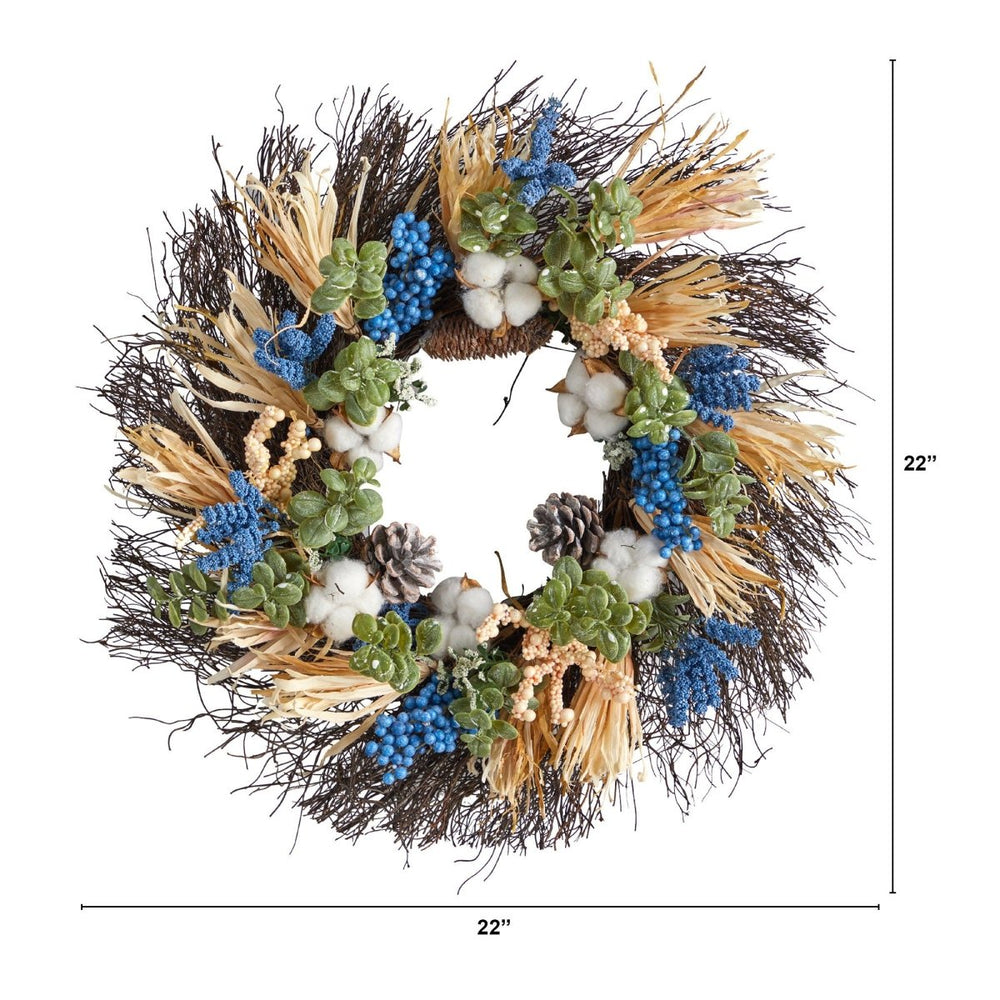 
                      
                        Nearly Natural 22” Autumn Cotton, Eucalyptus, Berries and Pinecones Artificial Fall Wreath - lily & onyx
                      
                    