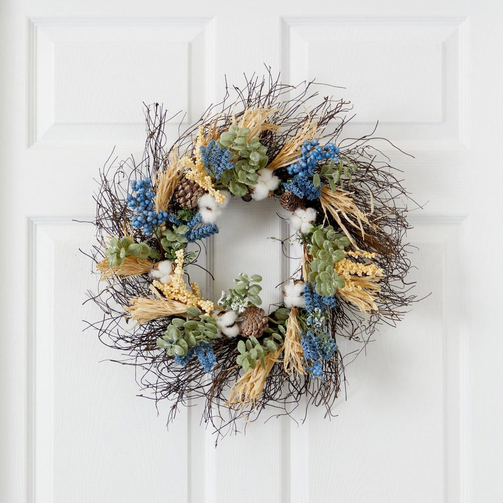 
                      
                        Nearly Natural 22” Autumn Cotton, Eucalyptus, Berries and Pinecones Artificial Fall Wreath - lily & onyx
                      
                    