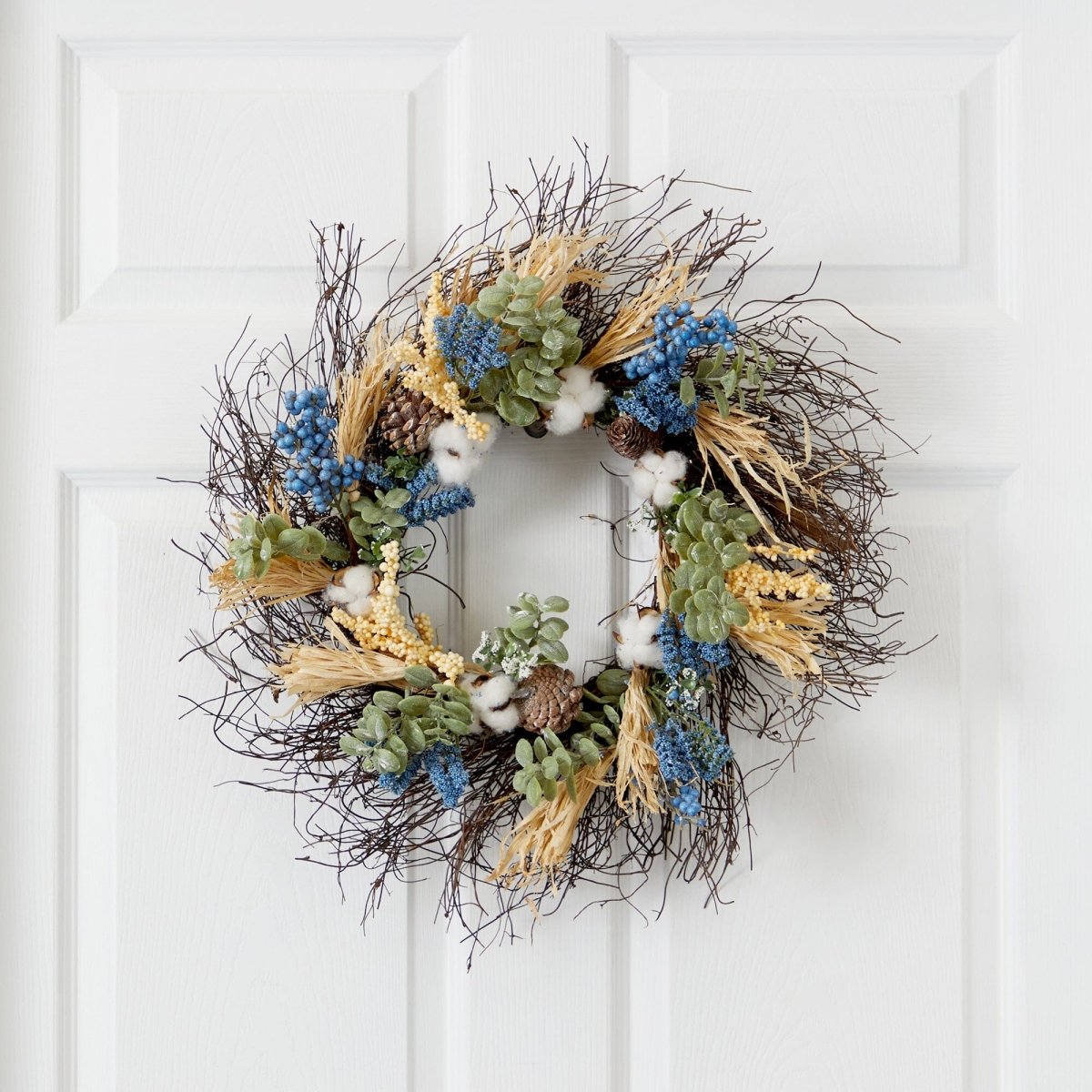 Nearly Natural 22” Autumn Cotton, Eucalyptus, Berries and Pinecones Artificial Fall Wreath - lily & onyx