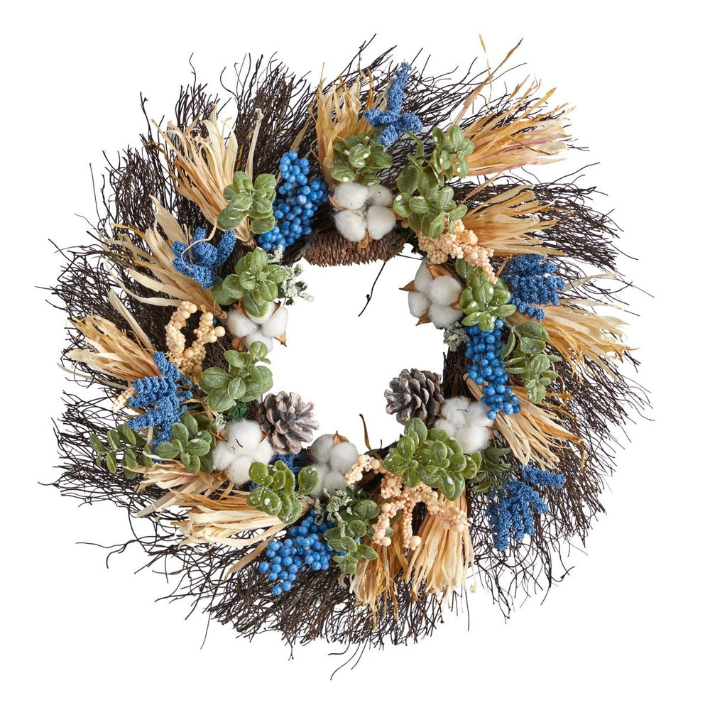 
                      
                        Nearly Natural 22” Autumn Cotton, Eucalyptus, Berries and Pinecones Artificial Fall Wreath - lily & onyx
                      
                    