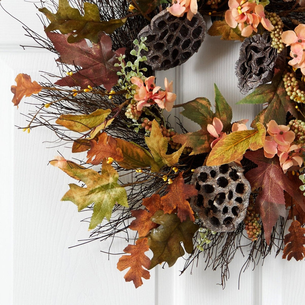 Nearly Natural 22” Autumn Hydrangea, Dried Lotus Pod Artificial Fall Wreath - lily & onyx