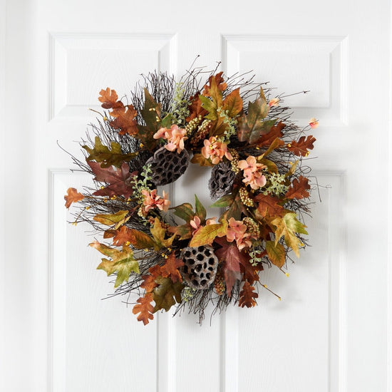 Nearly Natural 22” Autumn Hydrangea, Dried Lotus Pod Artificial Fall Wreath - lily & onyx