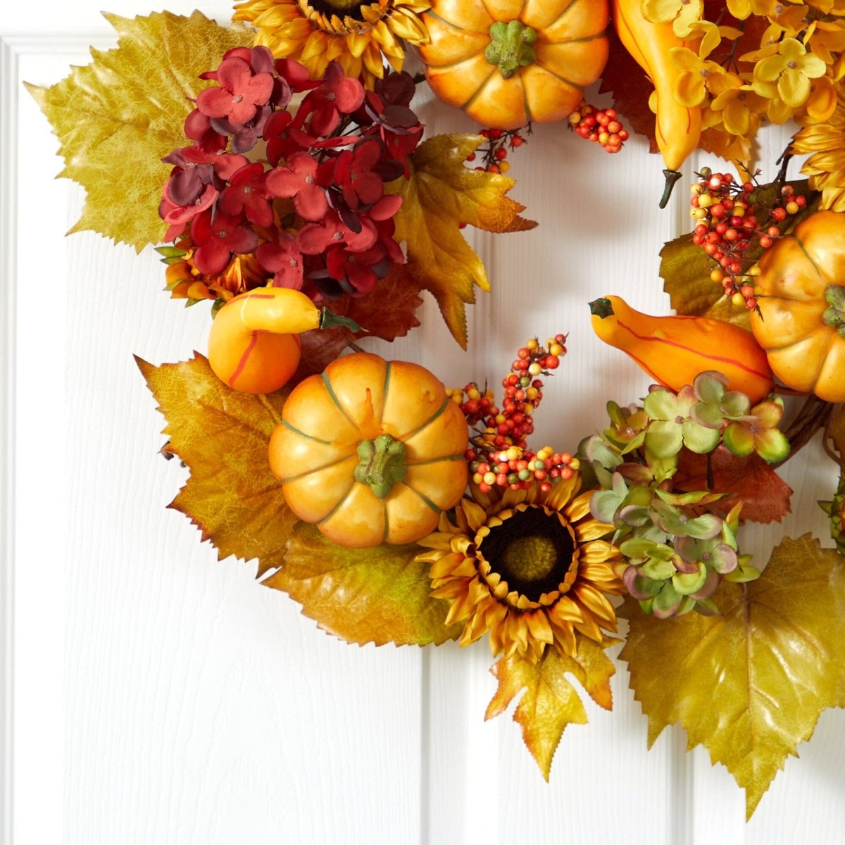 Nearly Natural 22” Autumn Hydrangea, Pumpkin and Sunflower Artificial Fall Wreath - lily & onyx