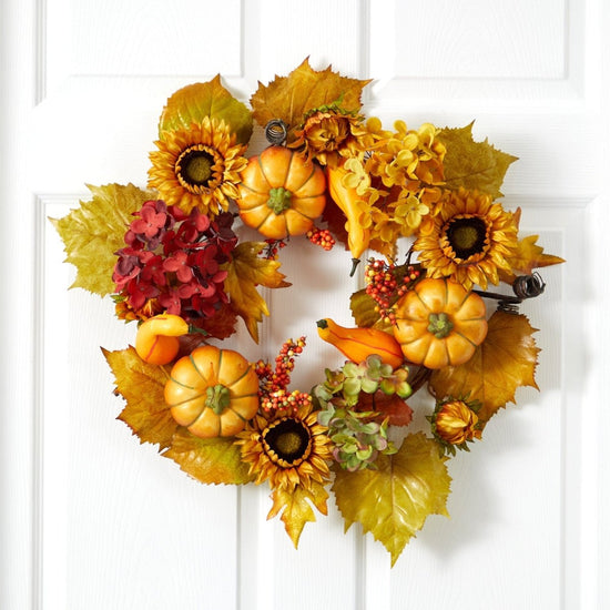 Nearly Natural 22” Autumn Hydrangea, Pumpkin and Sunflower Artificial Fall Wreath - lily & onyx