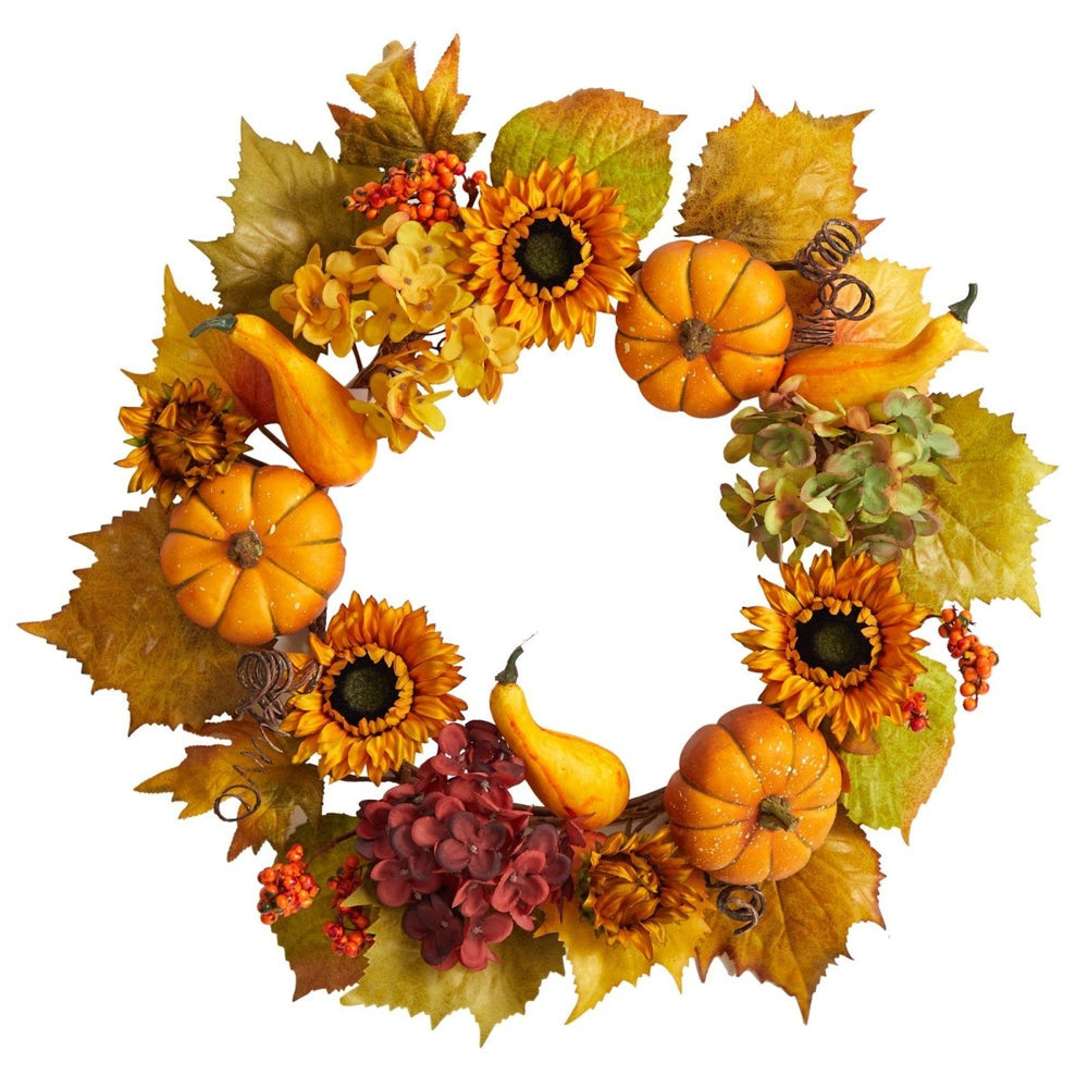 
                      
                        Nearly Natural 22” Autumn Hydrangea, Pumpkin and Sunflower Artificial Fall Wreath - lily & onyx
                      
                    