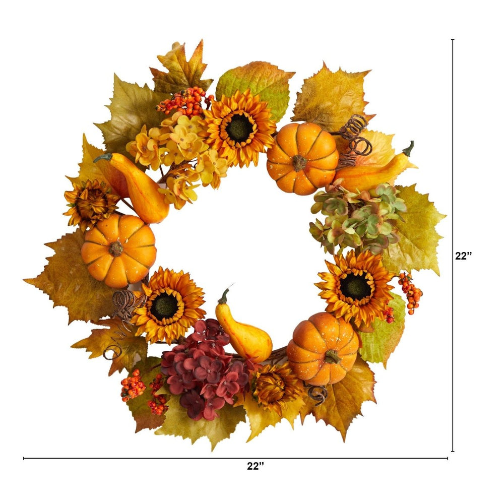 
                      
                        Nearly Natural 22” Autumn Hydrangea, Pumpkin and Sunflower Artificial Fall Wreath - lily & onyx
                      
                    