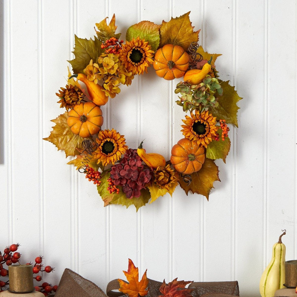 
                      
                        Nearly Natural 22” Autumn Hydrangea, Pumpkin and Sunflower Artificial Fall Wreath - lily & onyx
                      
                    