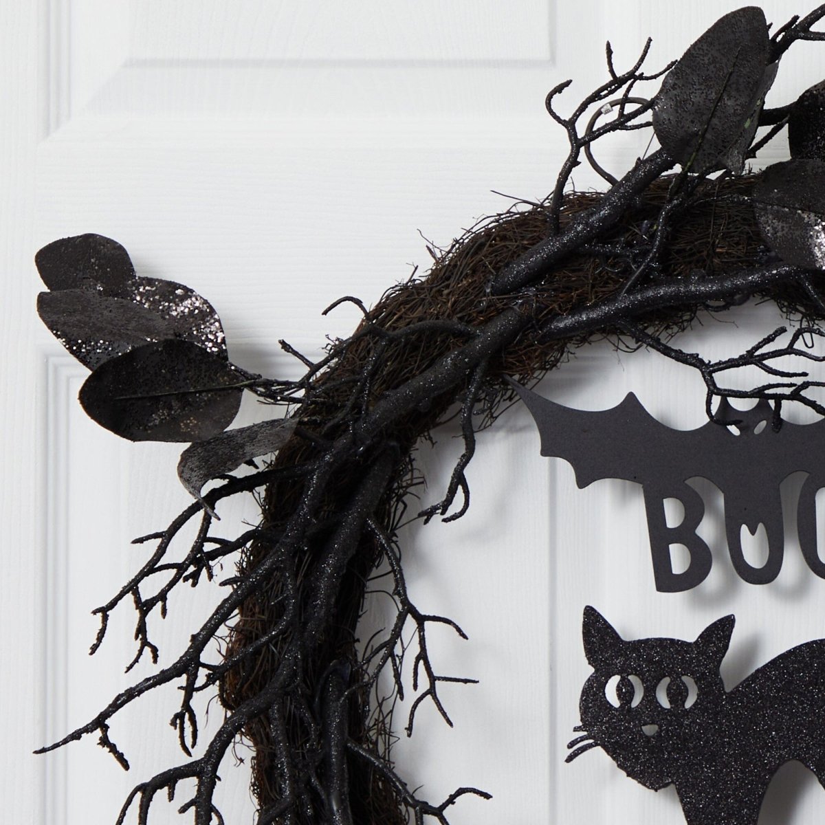 Nearly Natural 22” Halloween Black Cat and Bat Boo Twig Wreath - lily & onyx