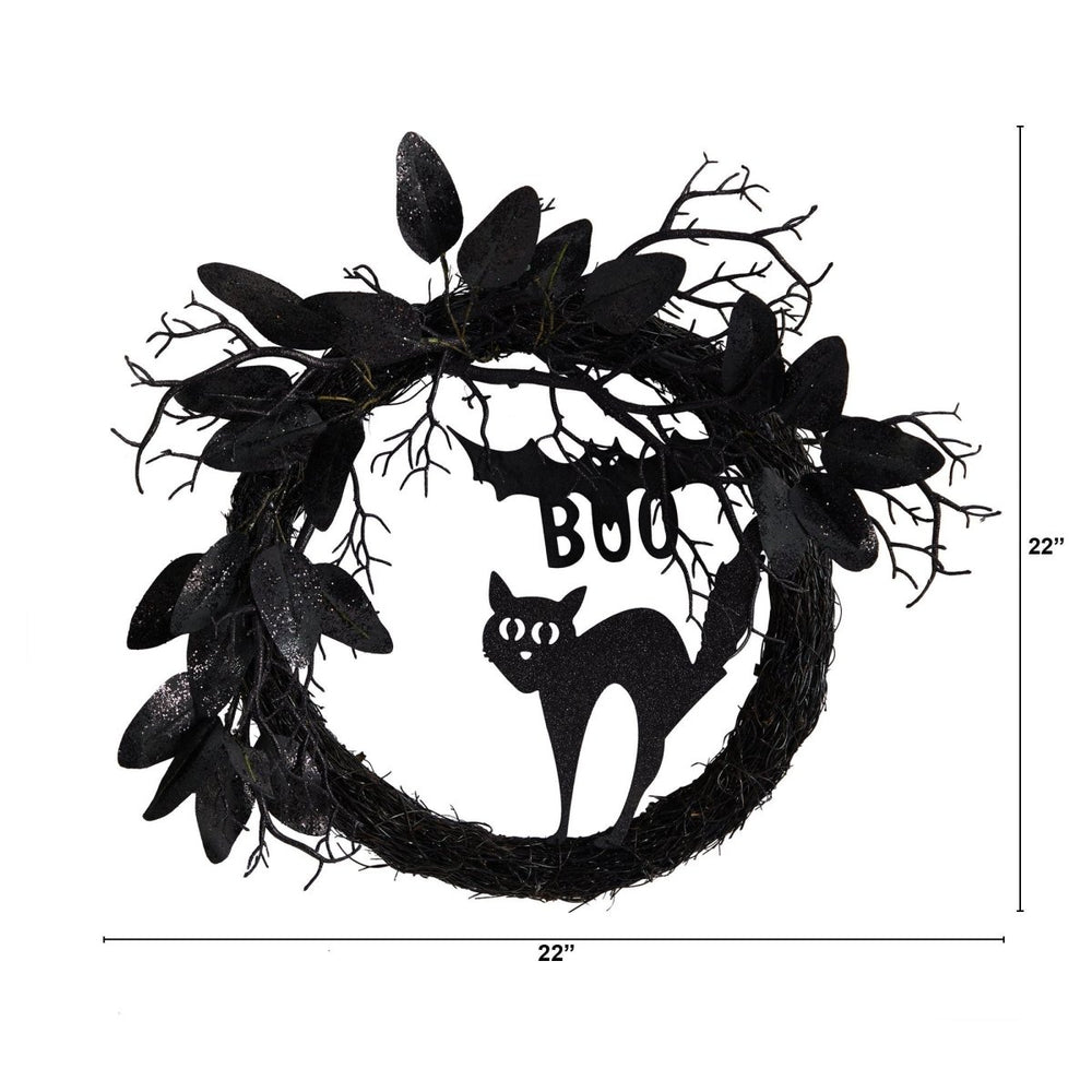 
                      
                        Nearly Natural 22” Halloween Black Cat and Bat Boo Twig Wreath - lily & onyx
                      
                    