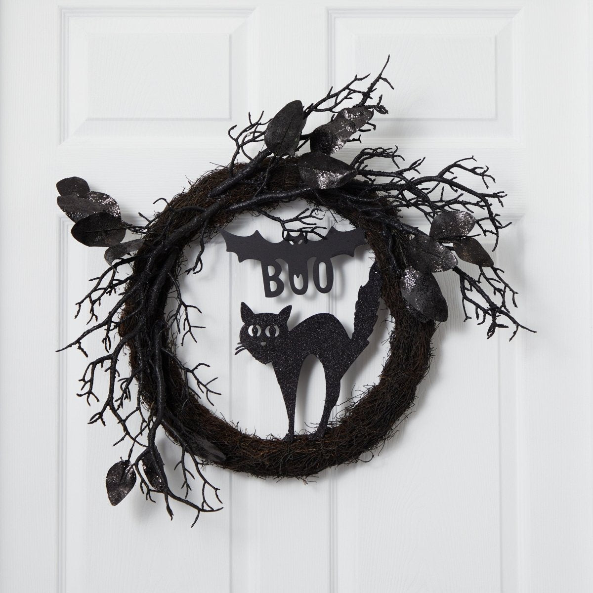 Nearly Natural 22” Halloween Black Cat and Bat Boo Twig Wreath - lily & onyx