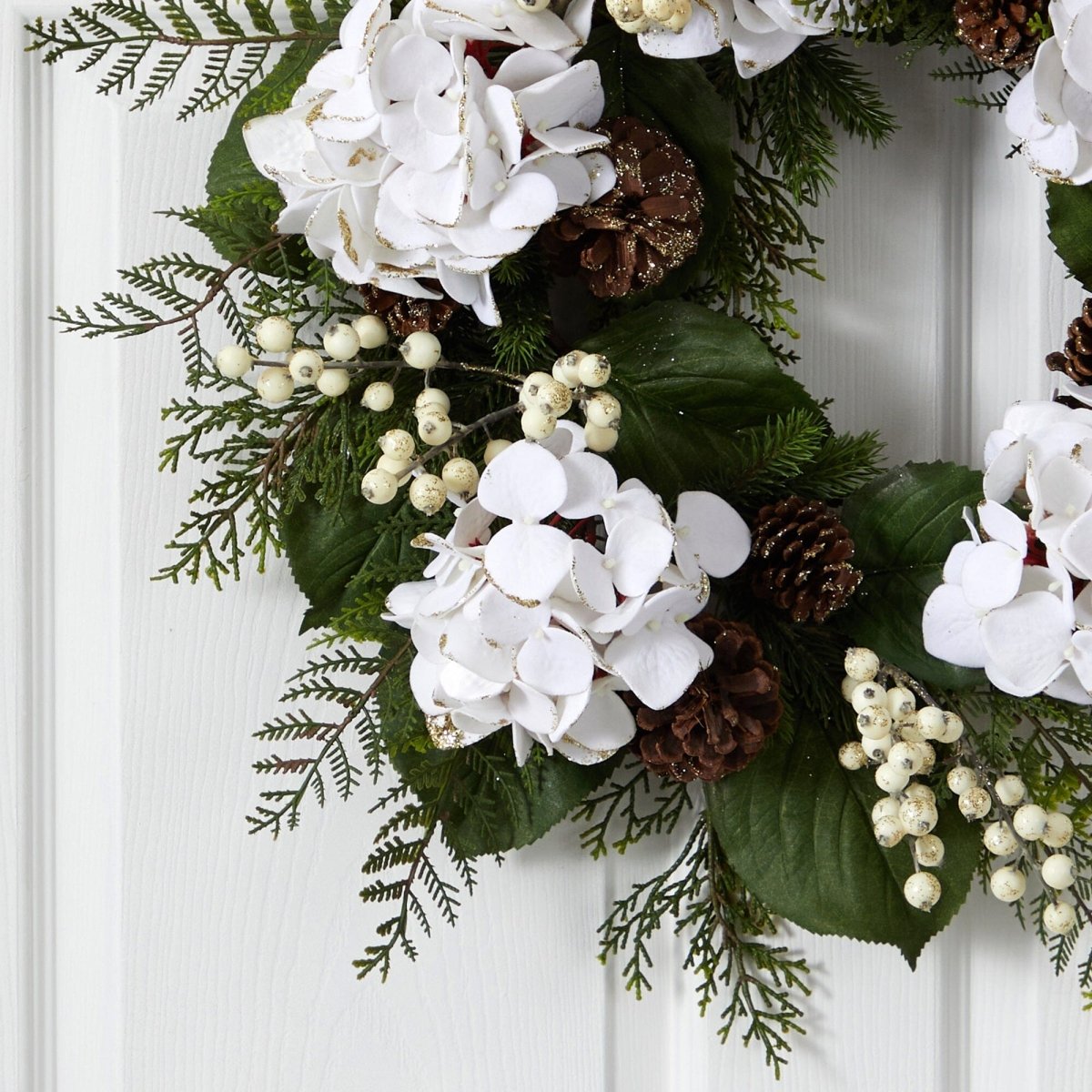 Nearly Natural 24” Artificial Hydrangea & Berry Gold Trimmed Wreath - lily & onyx