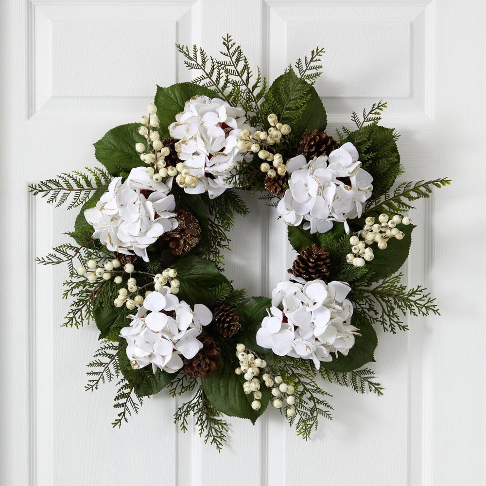 Nearly Natural 24” Artificial Hydrangea & Berry Gold Trimmed Wreath - lily & onyx