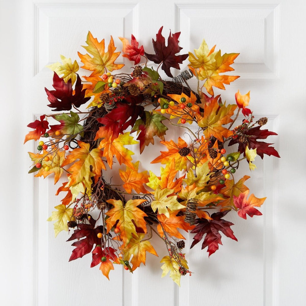 Nearly Natural 24” Autumn Maple Leaf and Berries Artificial Fall Wreath with Twig Base - lily & onyx