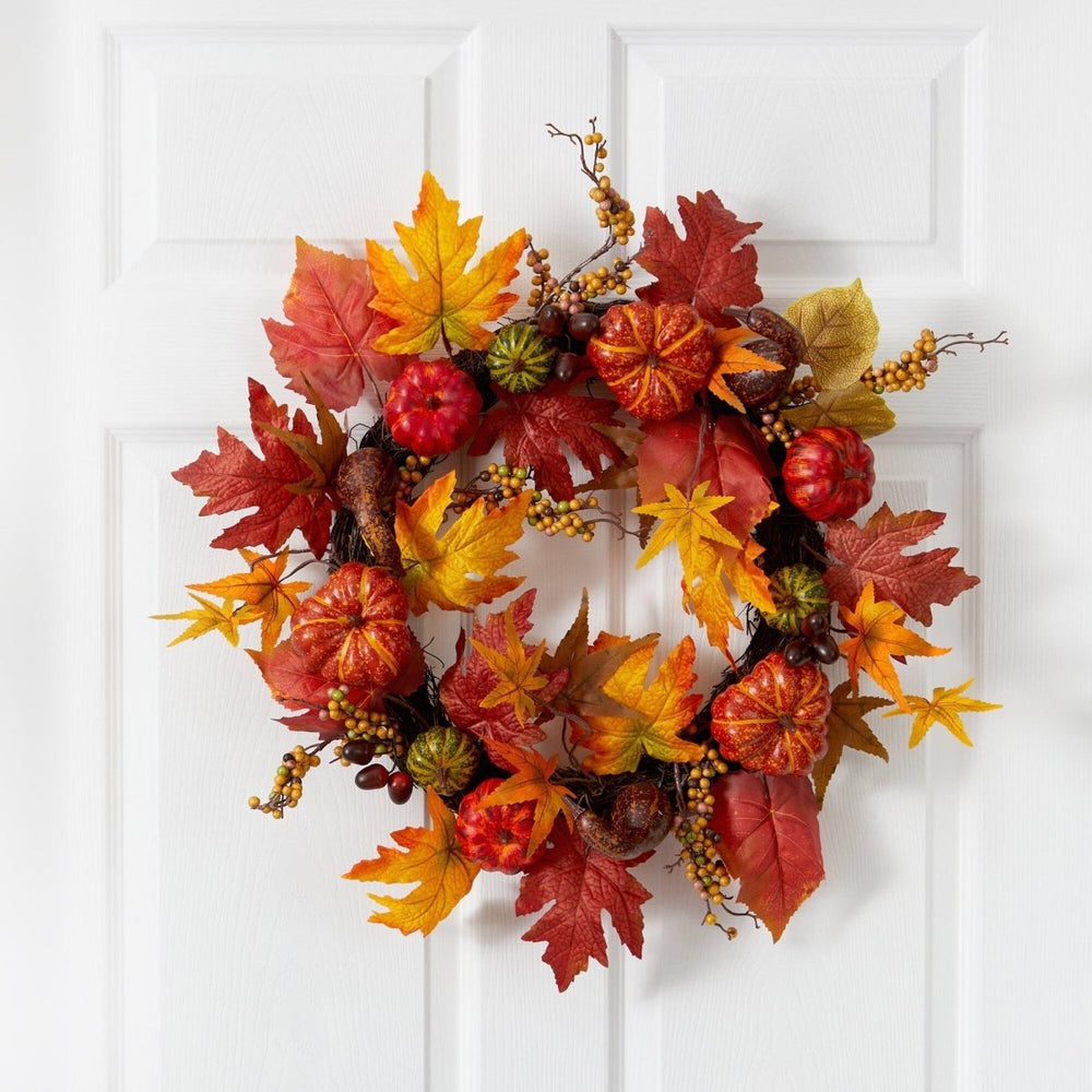 Nearly Natural 24” Autumn Pumpkin and Berries Artificial Fall Wreath - lily & onyx