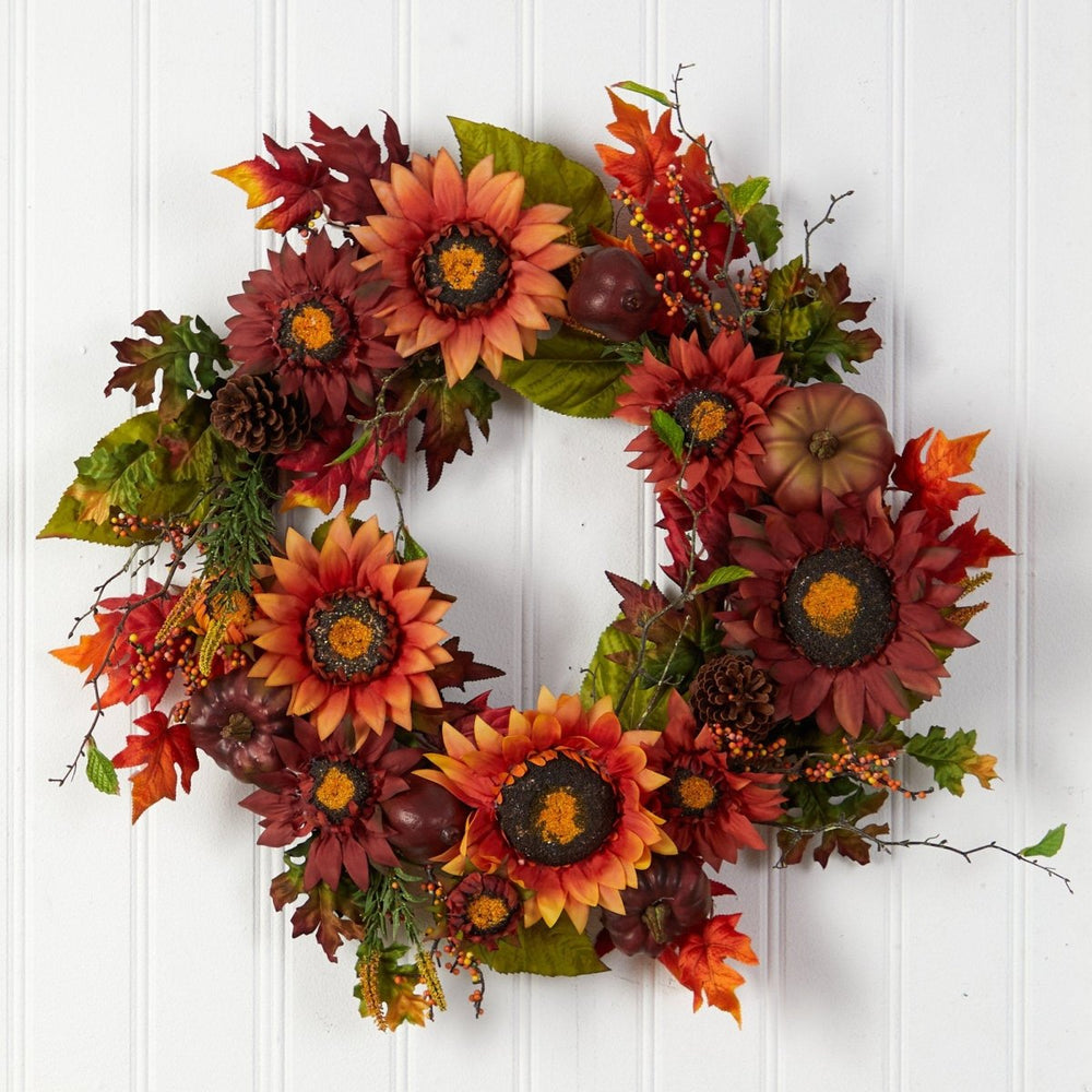 
                      
                        Nearly Natural 24” Autumn Sunflower, Pumpkin, Pinecone and Berries Fall Artificial Wreath - lily & onyx
                      
                    