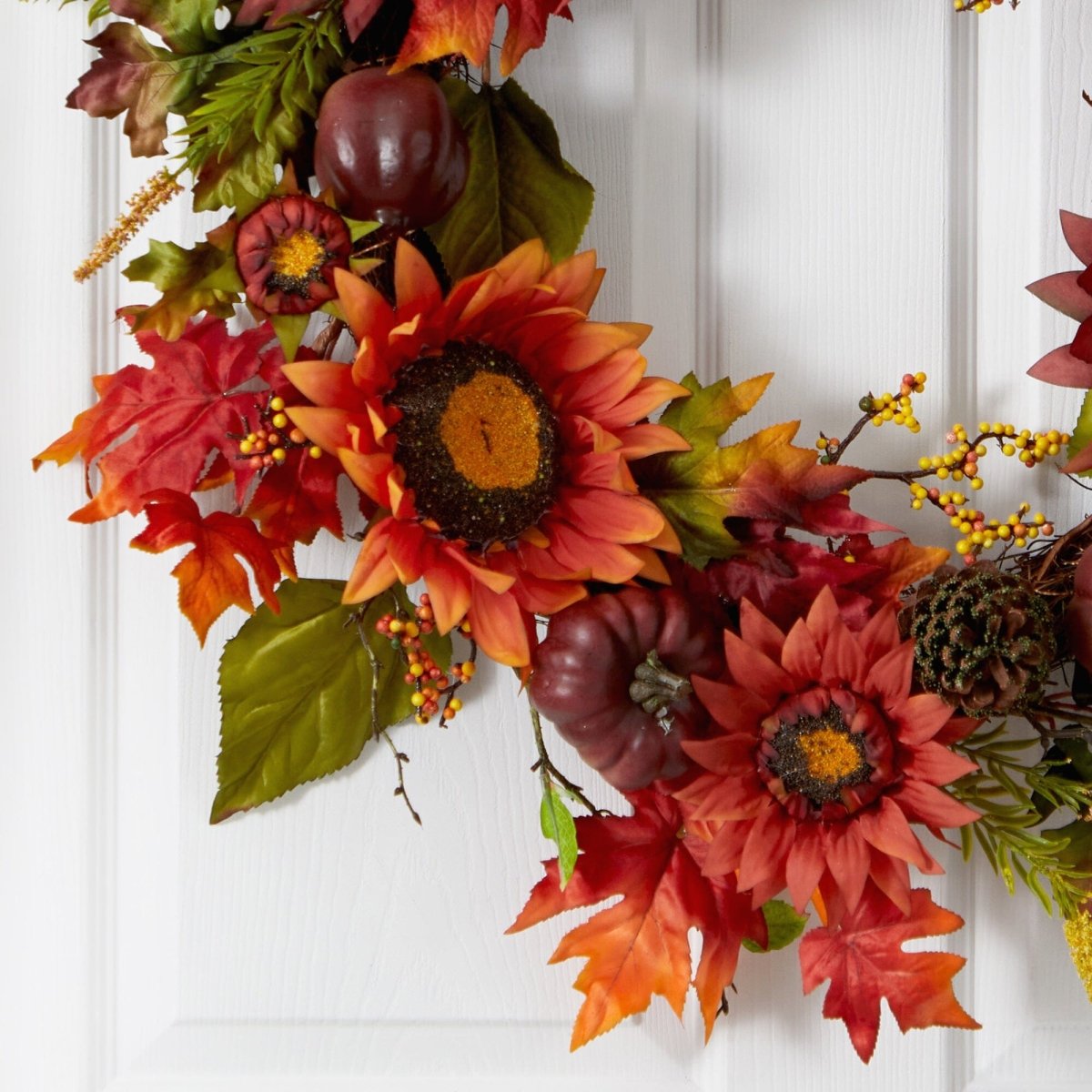 Nearly Natural 24” Autumn Sunflower, Pumpkin, Pinecone and Berries Fall Artificial Wreath - lily & onyx