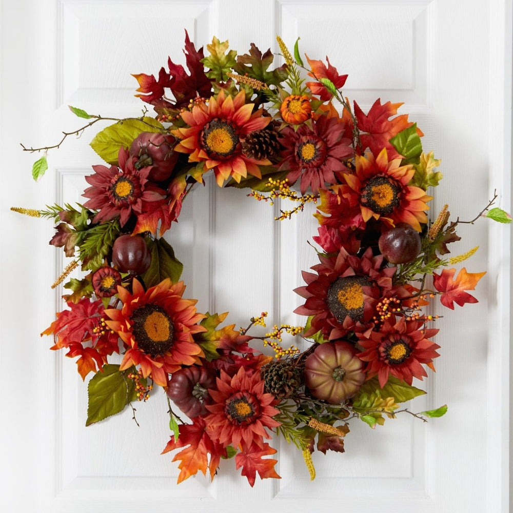 Nearly Natural 24” Autumn Sunflower, Pumpkin, Pinecone and Berries Fall Artificial Wreath - lily & onyx