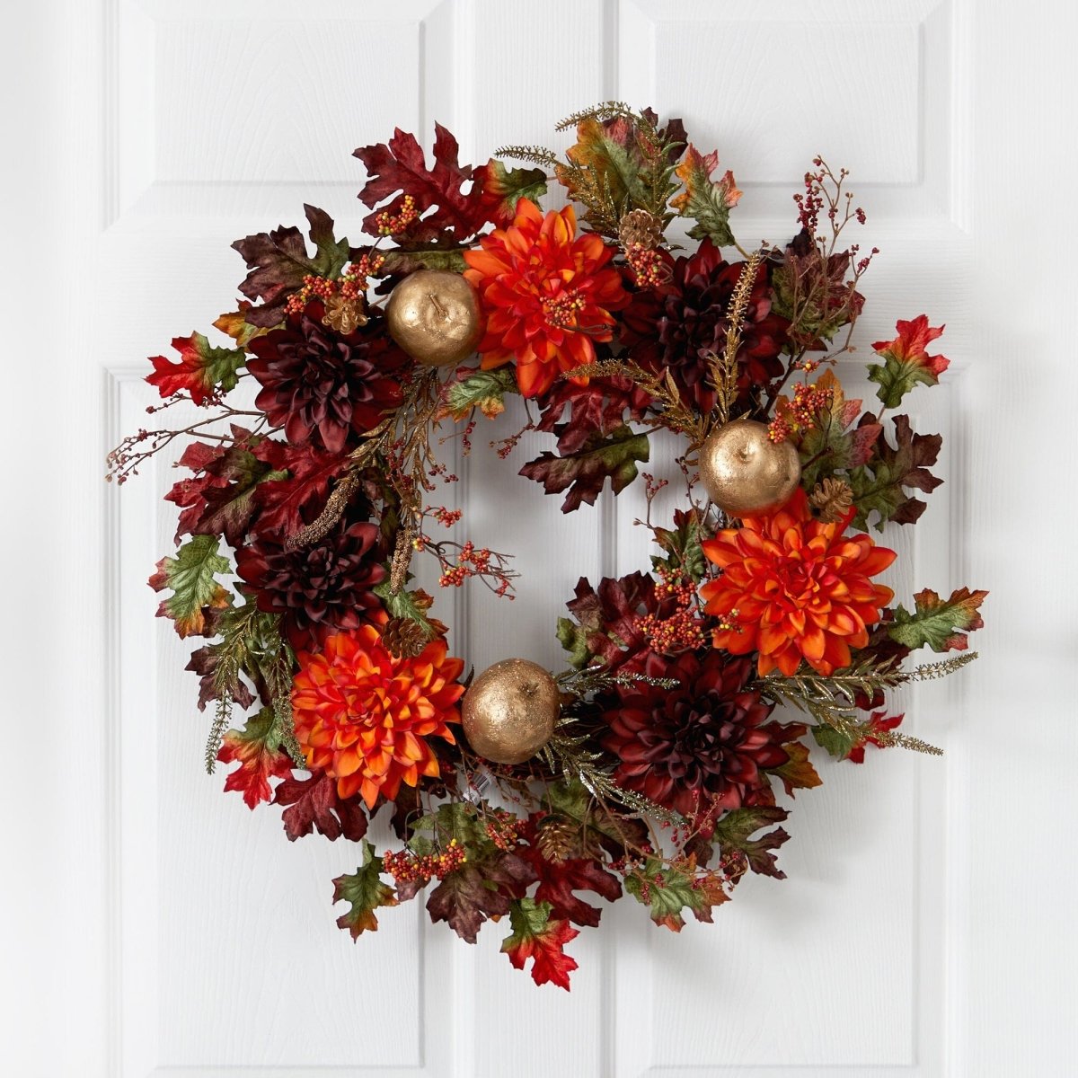 Nearly Natural 24” Fall Dahlia, Golden Apple, Oak Leaf and Berries Autumn Artificial Wreath - lily & onyx