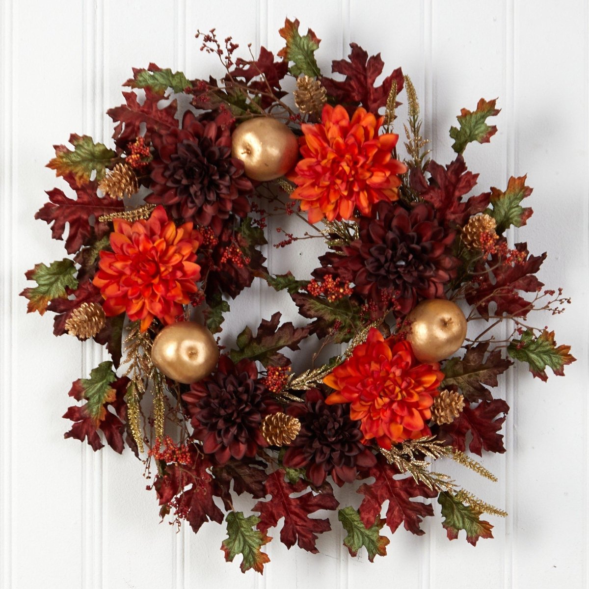 Nearly Natural 24” Fall Dahlia, Golden Apple, Oak Leaf and Berries Autumn Artificial Wreath - lily & onyx