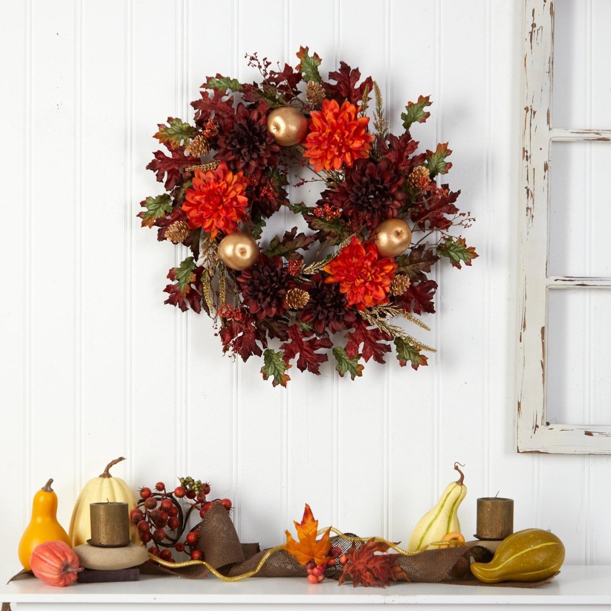 Nearly Natural 24” Fall Dahlia, Golden Apple, Oak Leaf and Berries Autumn Artificial Wreath - lily & onyx