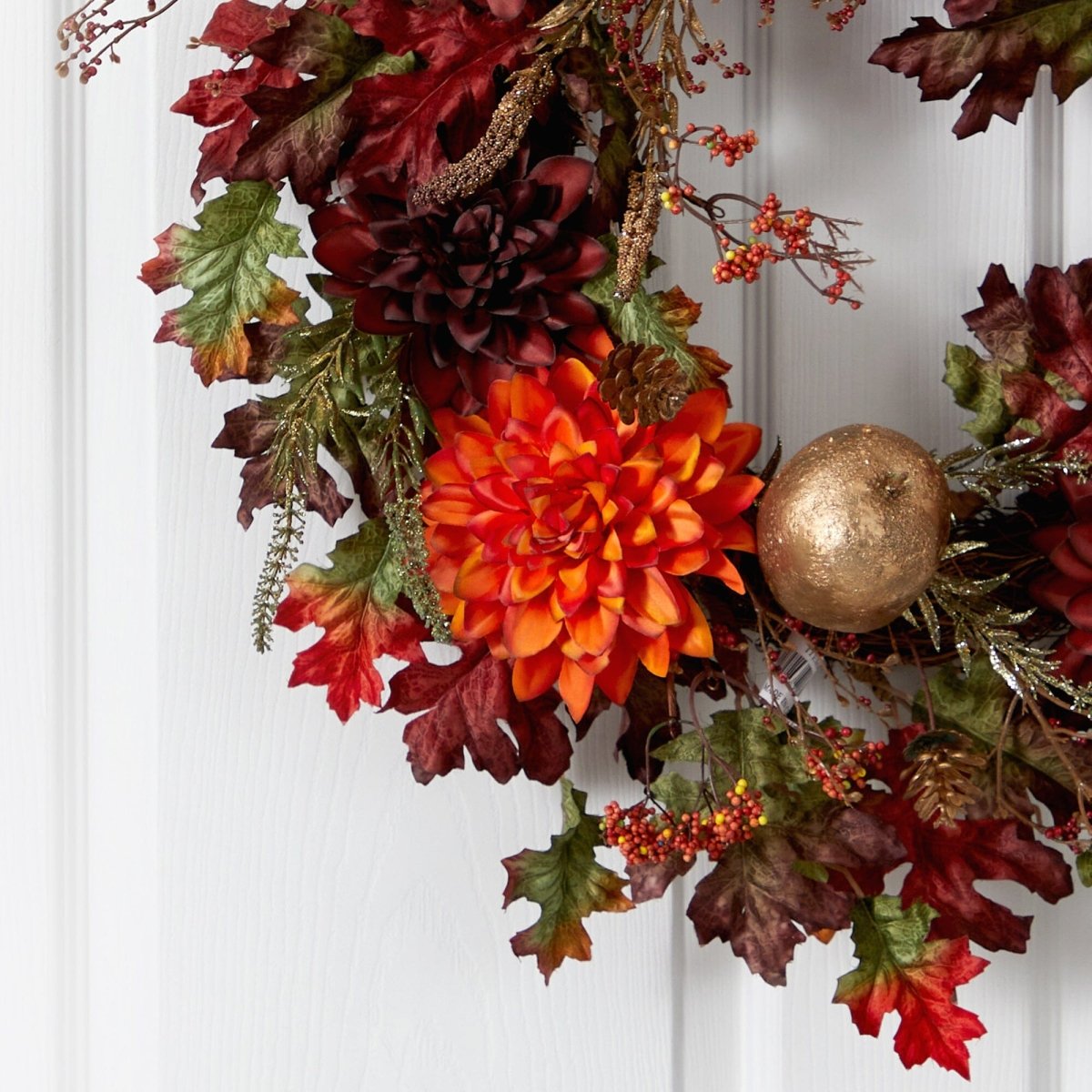 Nearly Natural 24” Fall Dahlia, Golden Apple, Oak Leaf and Berries Autumn Artificial Wreath - lily & onyx