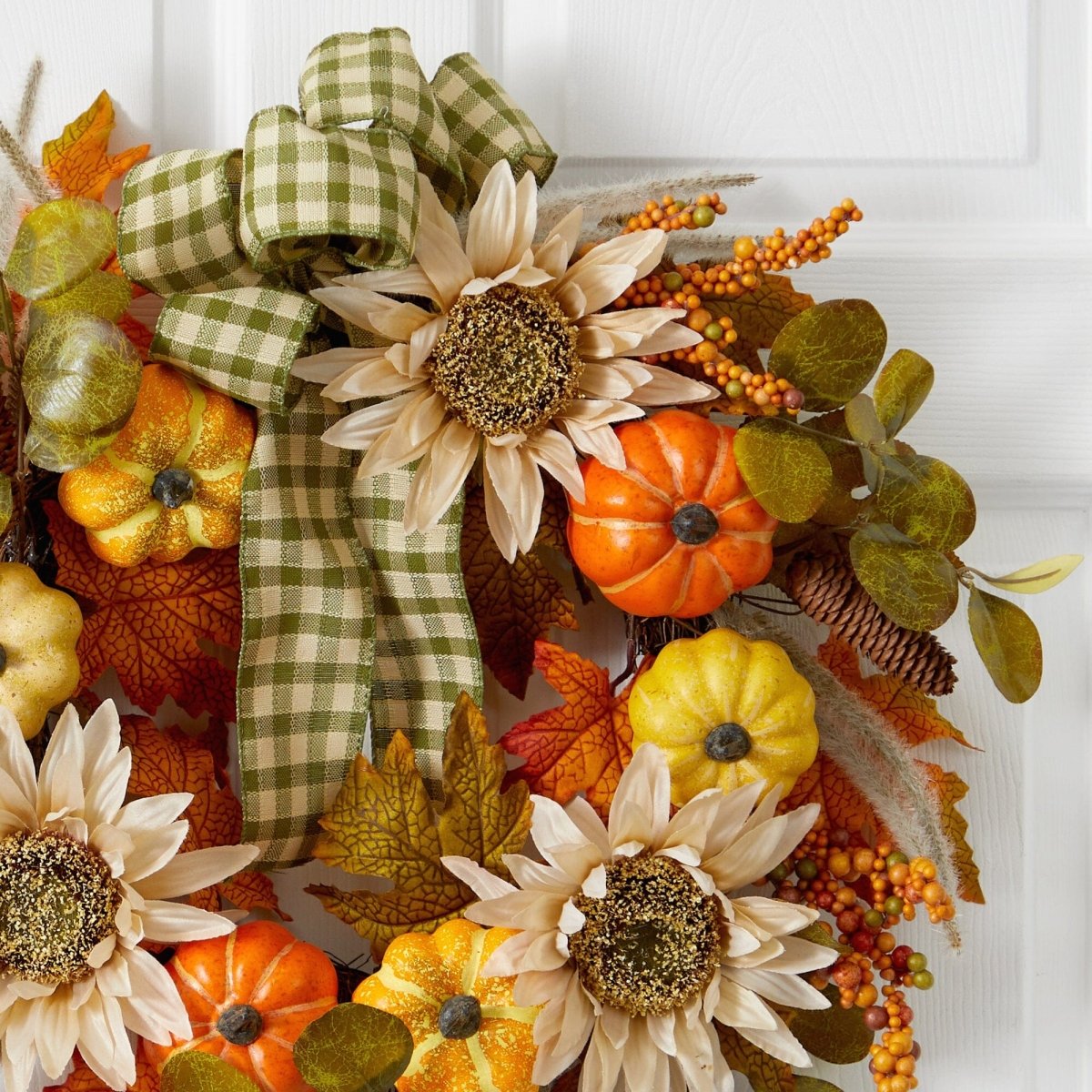 Nearly Natural 24” Fall Pumpkin, Sunflower Artificial Autumn Wreath with Decorative Ribbon - lily & onyx