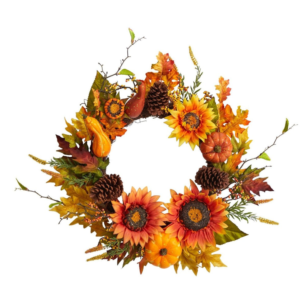 
                      
                        Nearly Natural 24” Fall Sunflower, Pumpkin, Gourds, Pinecone and Berries Autumn Artificial Wreath - lily & onyx
                      
                    