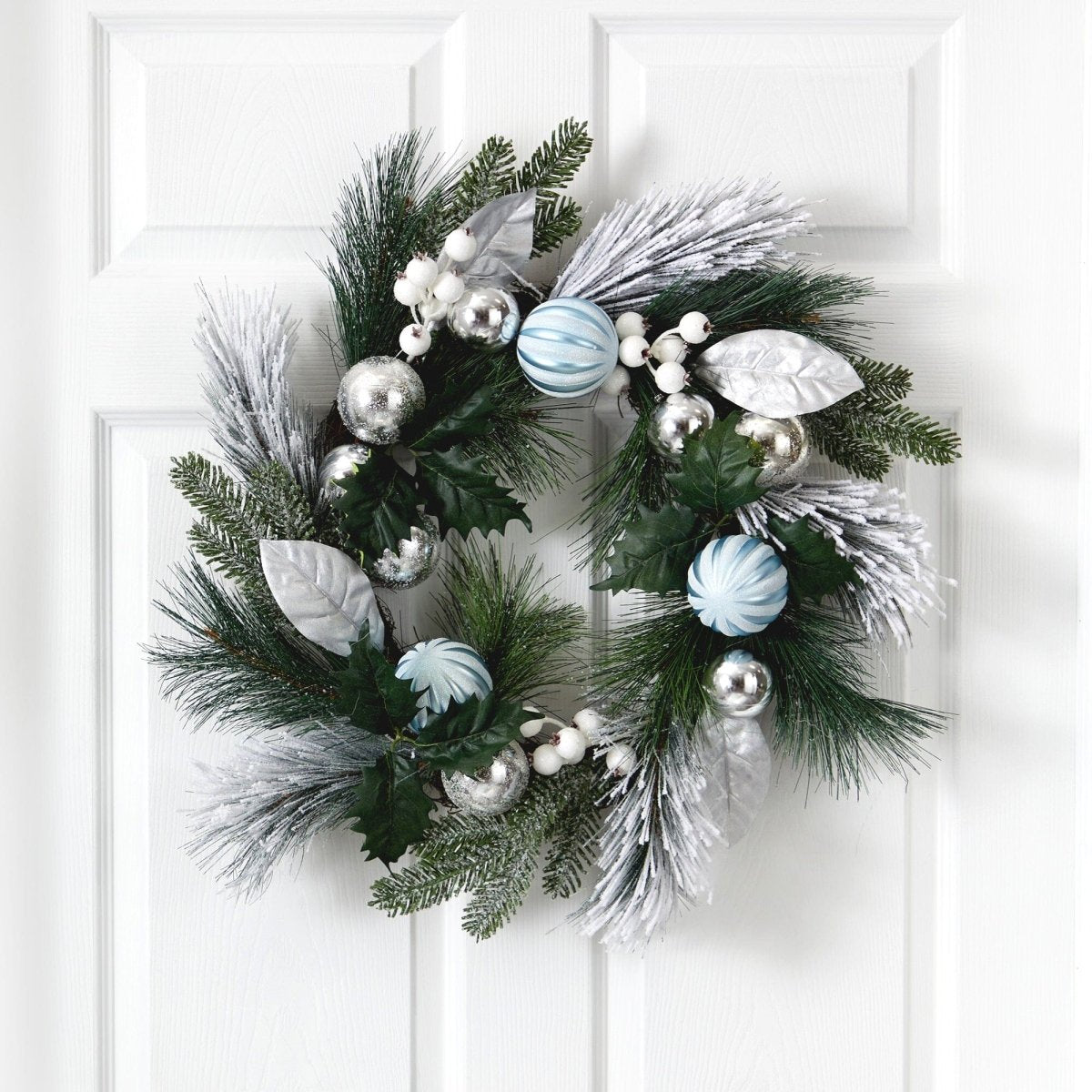 Nearly Natural 24” Pinecones and Berries Christmas Artificial Wreath with Silver Ornaments - lily & onyx