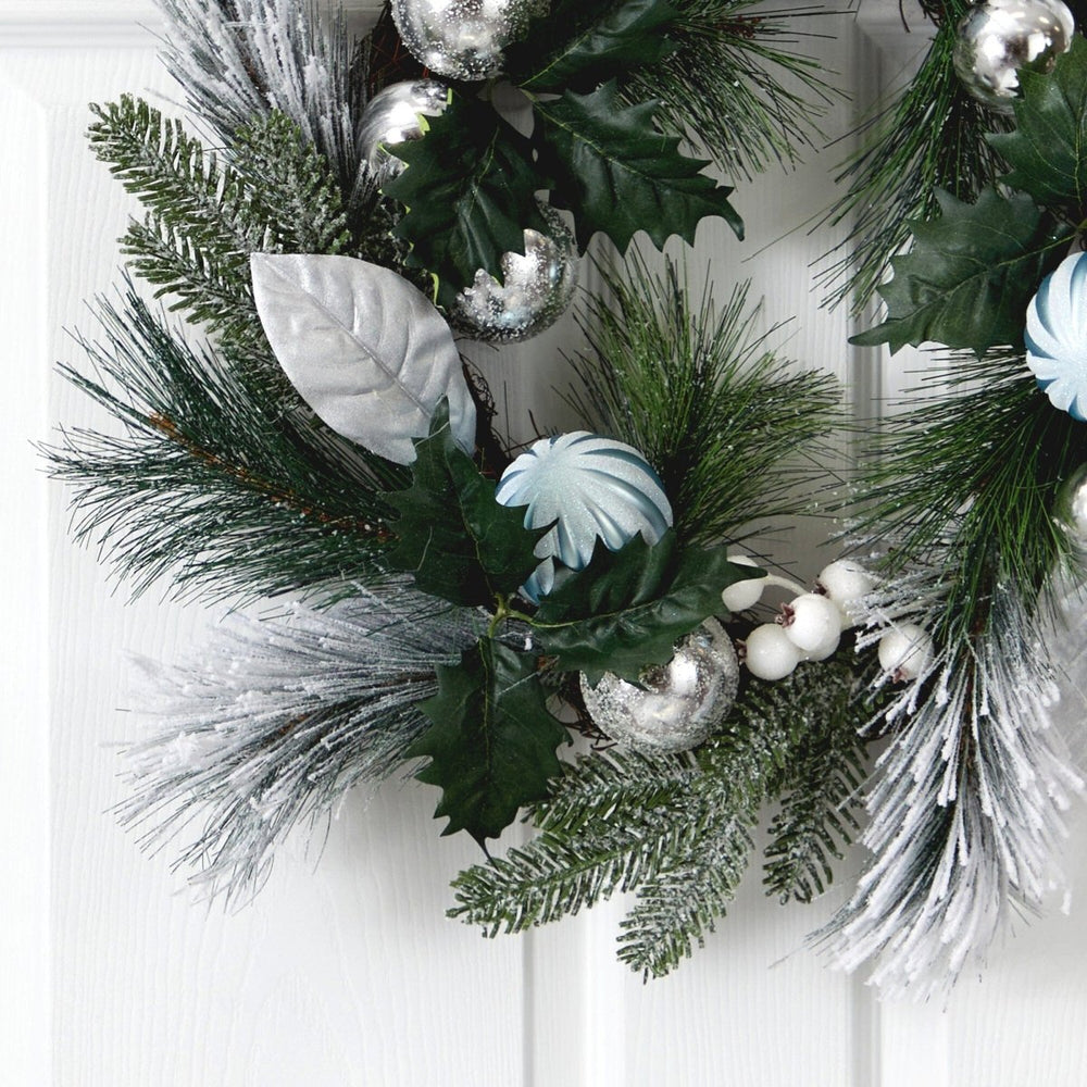 Nearly Natural 24” Pinecones and Berries Christmas Artificial Wreath with Silver Ornaments - lily & onyx