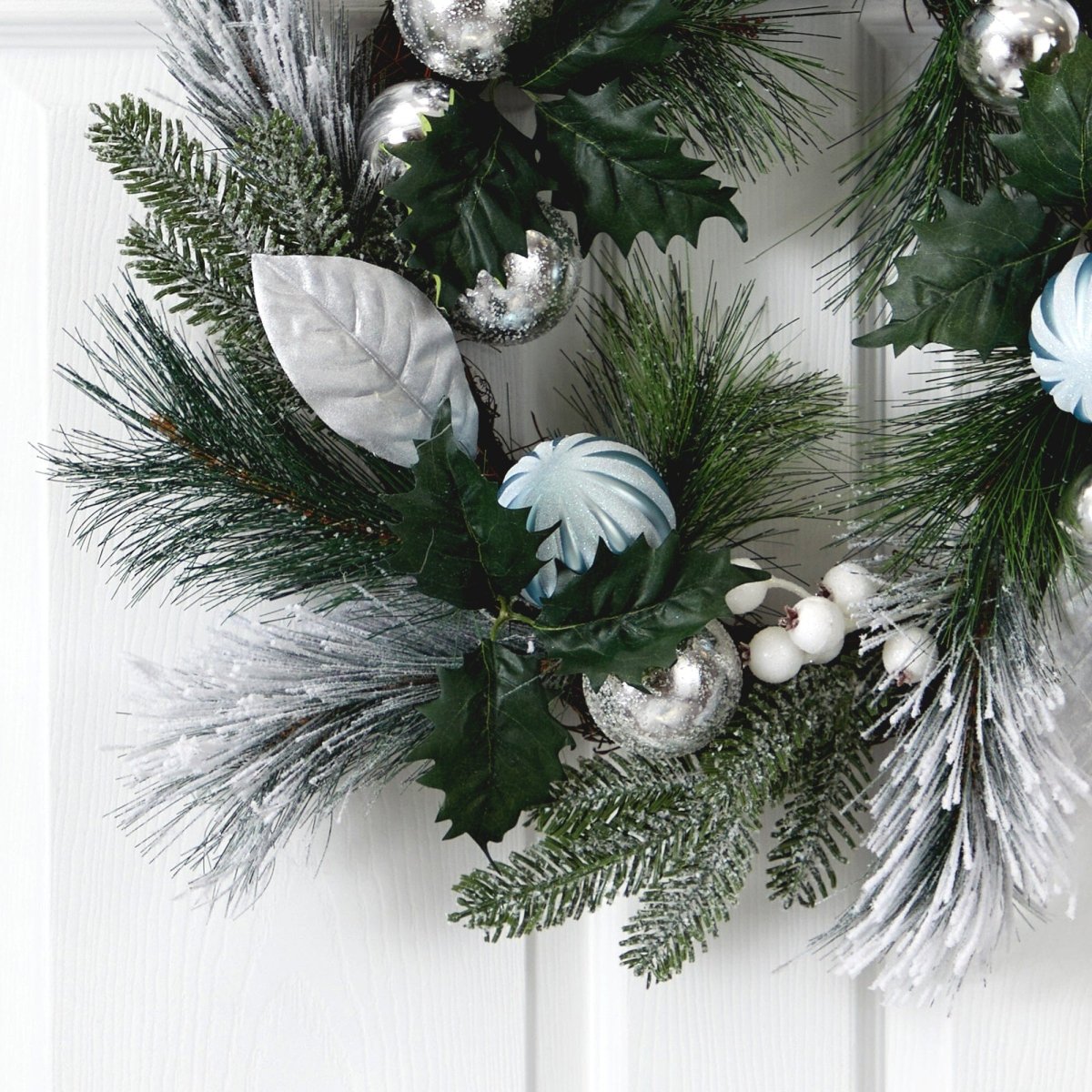 Nearly Natural 24” Pinecones and Berries Christmas Artificial Wreath with Silver Ornaments - lily & onyx