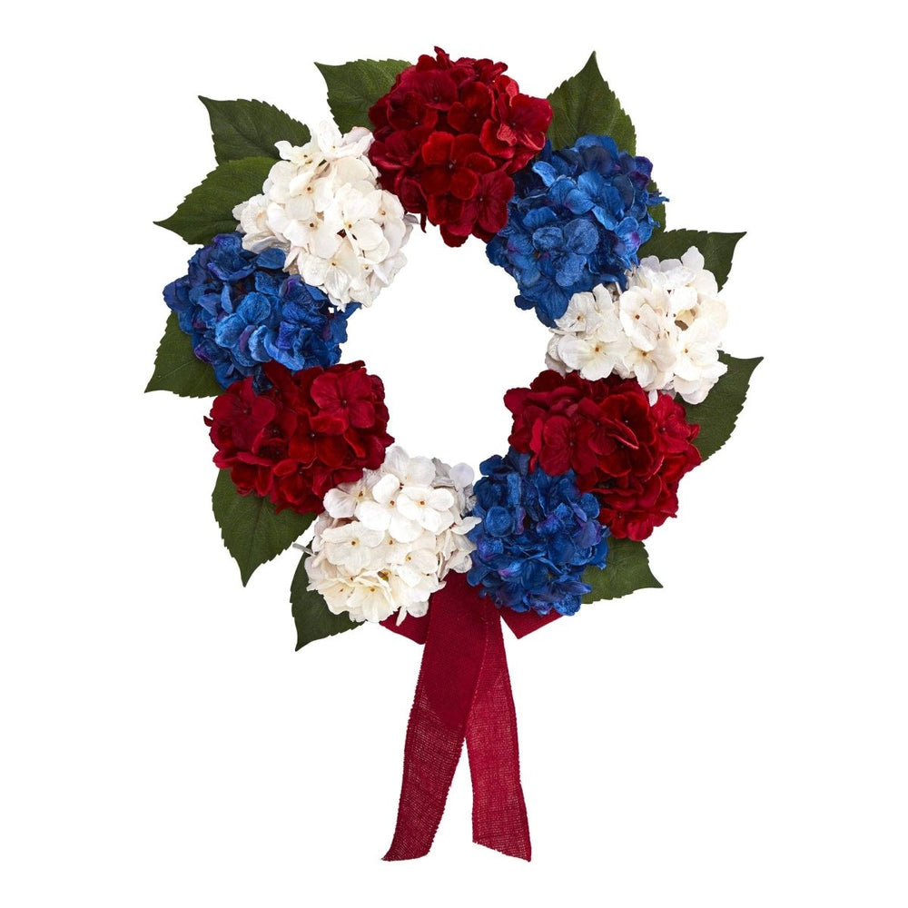 Nearly Natural 24” Red, White and Blue “Americana” Hydrangea Artificial Wreath - lily & onyx