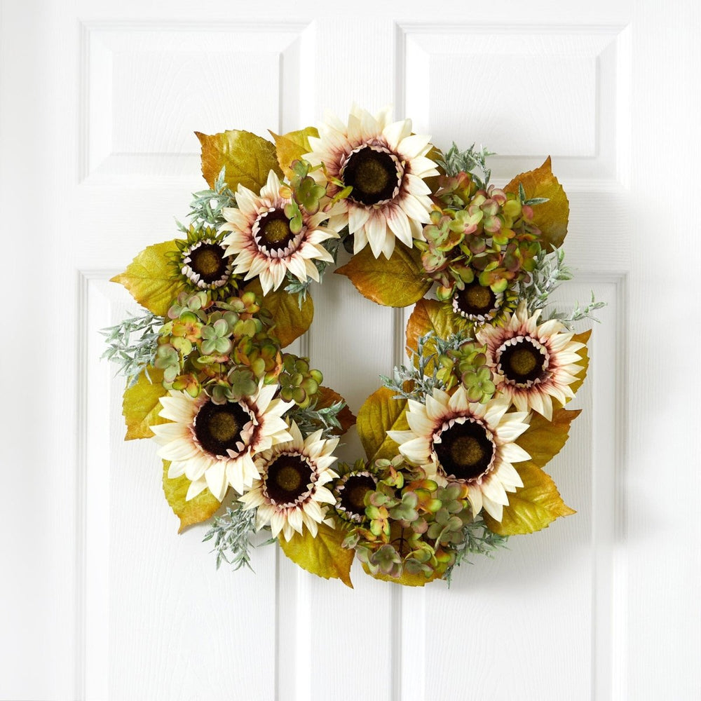 Nearly Natural 24” White Sunflower and Hydrangea Artificial Autumn Wreath - lily & onyx