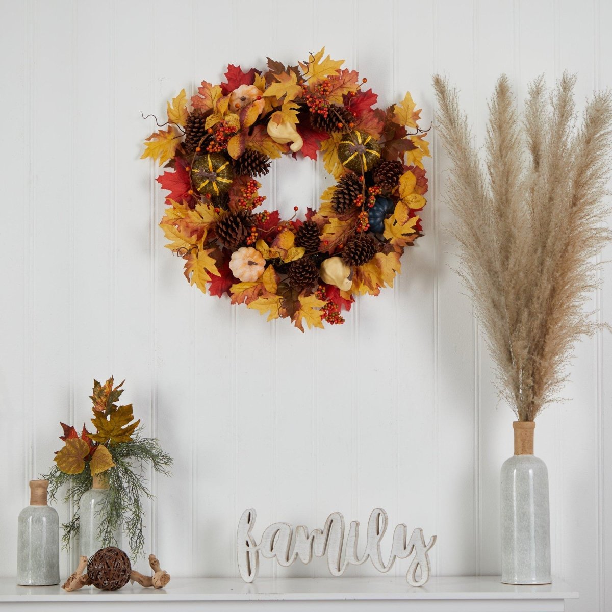 Nearly Natural 26” Fall Pumpkin, Gourd, Pinecone and Maple Leaf Artificial Autumn Wreath - lily & onyx